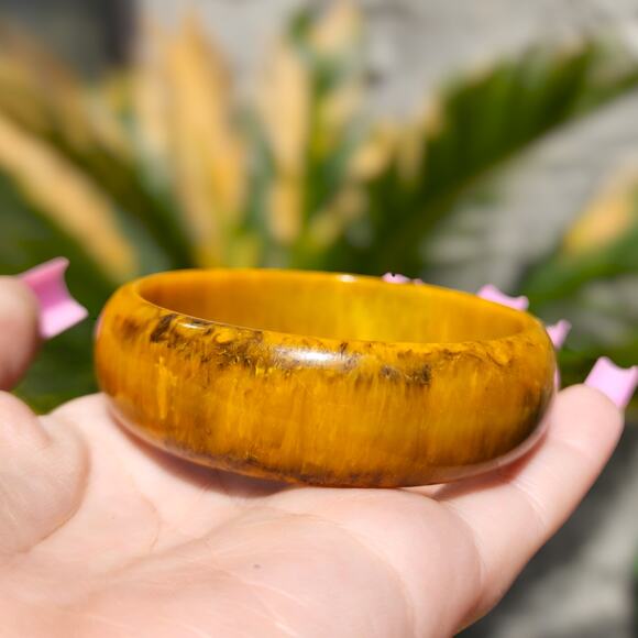Vintage Jewelry - Vtg TESTED Butterscotch Bakelite Bangle Yellow Brown Marble End of Day Bracelet